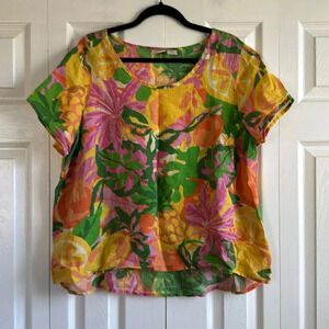 C&C California | 100% Linen | Tropical Top Blouse Tunic |Yellow Pink | Size 1X